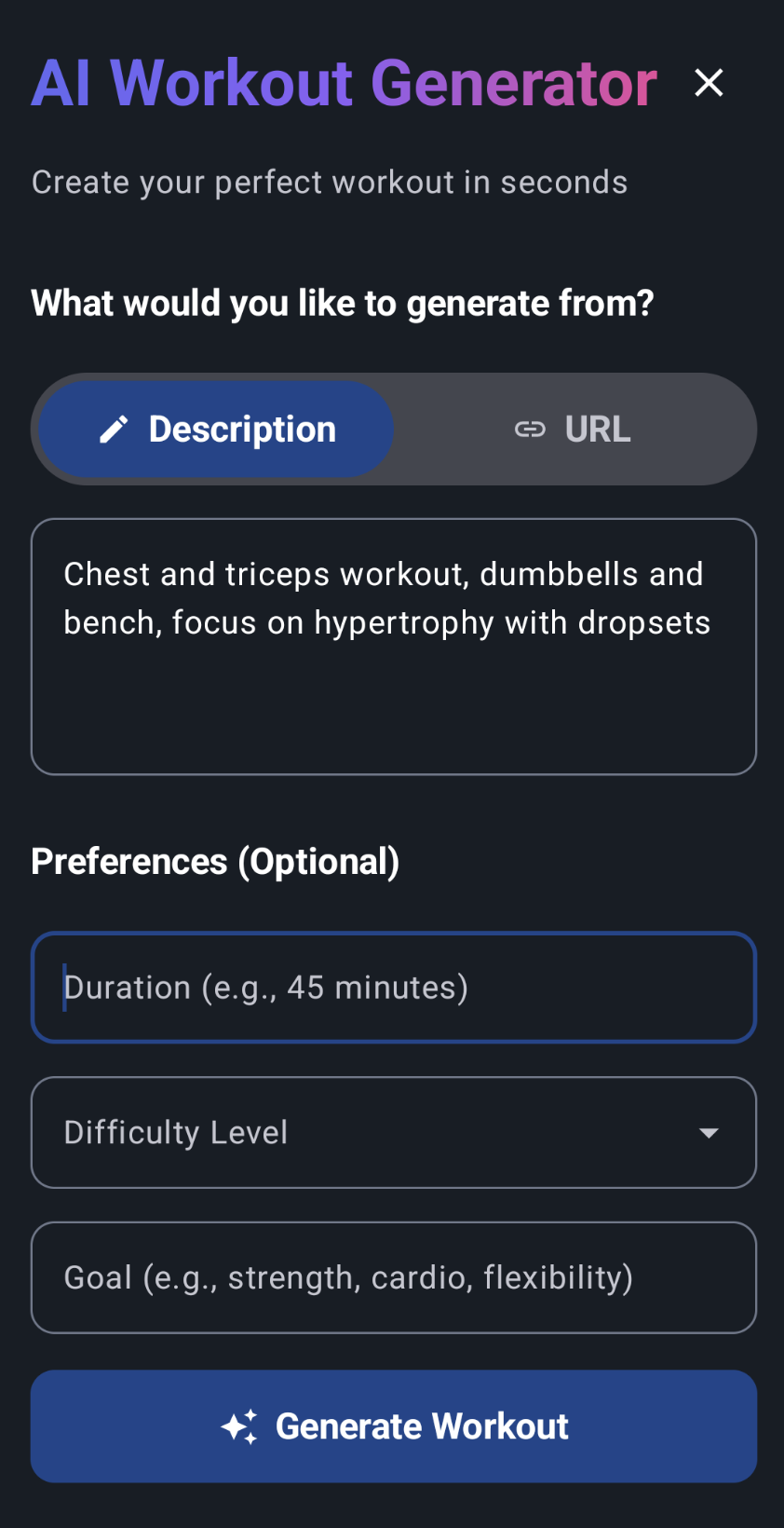 AI Workout Generation Interface